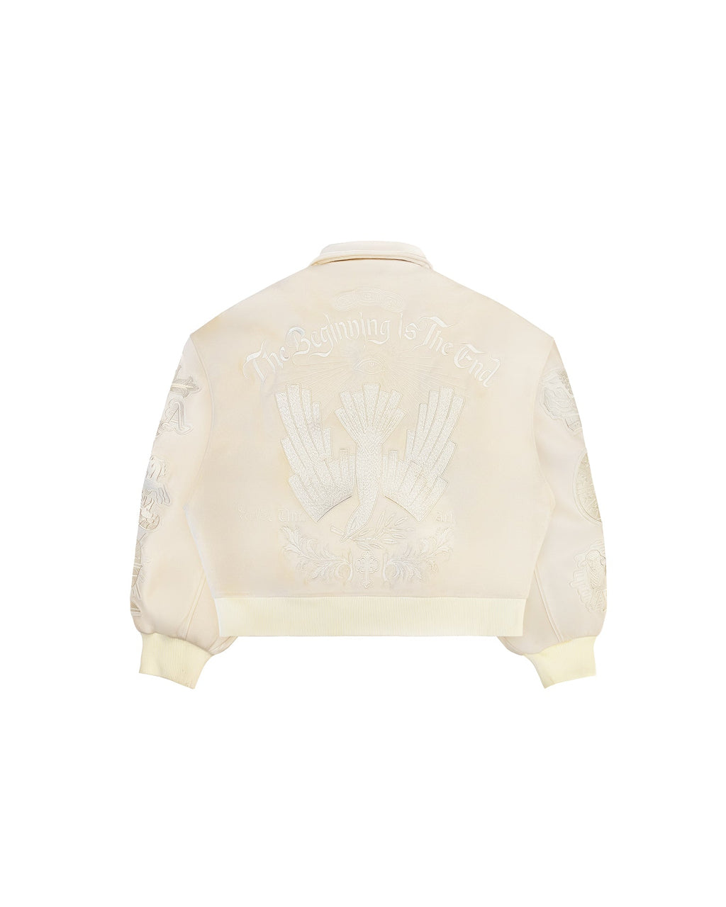 Untitled Artworks “Angel of Peace” varsity jacket in white with peace symbol embroidery and patches, oversized fit. back facing flat