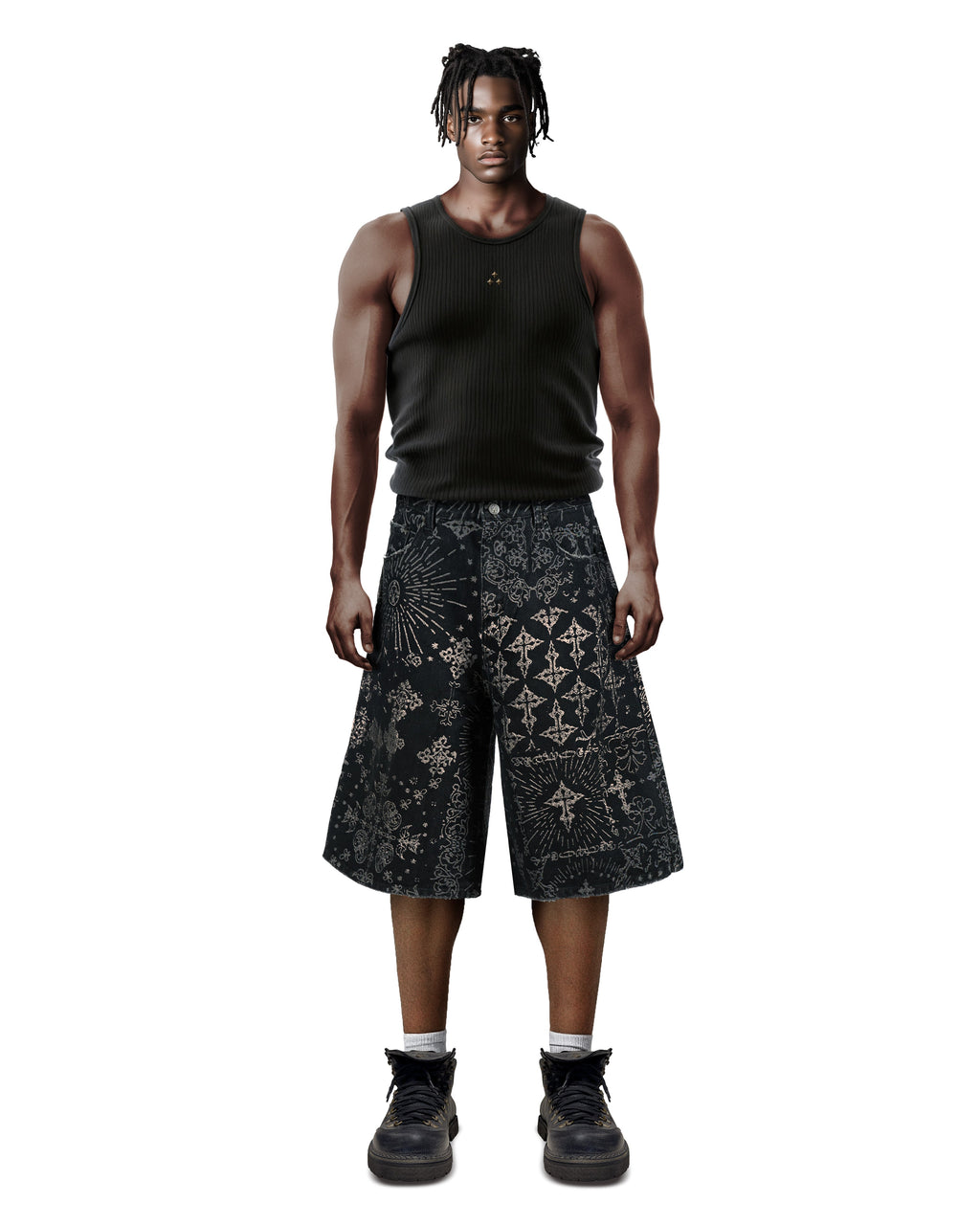 Jacquard Black Denim Shorts