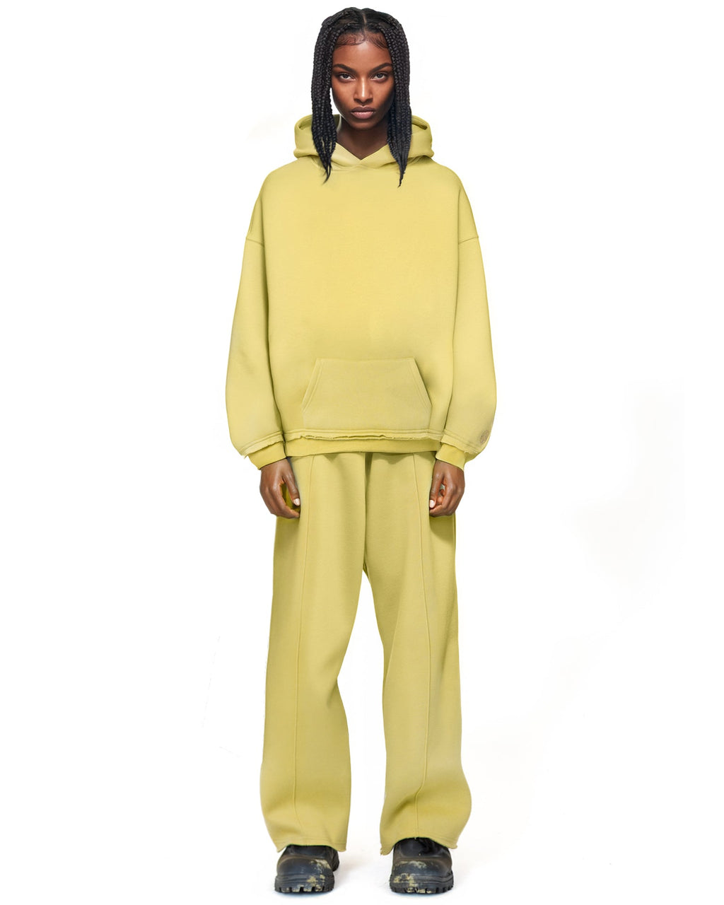 Untitled Artworks Essential Hoodie in Beryl (Yellow) – relaxed-fit fleece hoodie with raw hem details and kangaroo pocket. On Model