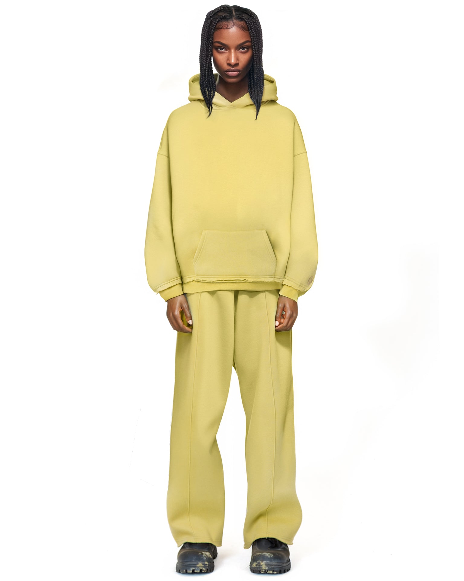 Untitled Artworks Essential Hoodie in Beryl (Yellow) – relaxed-fit fleece hoodie with raw hem details and kangaroo pocket. On Model