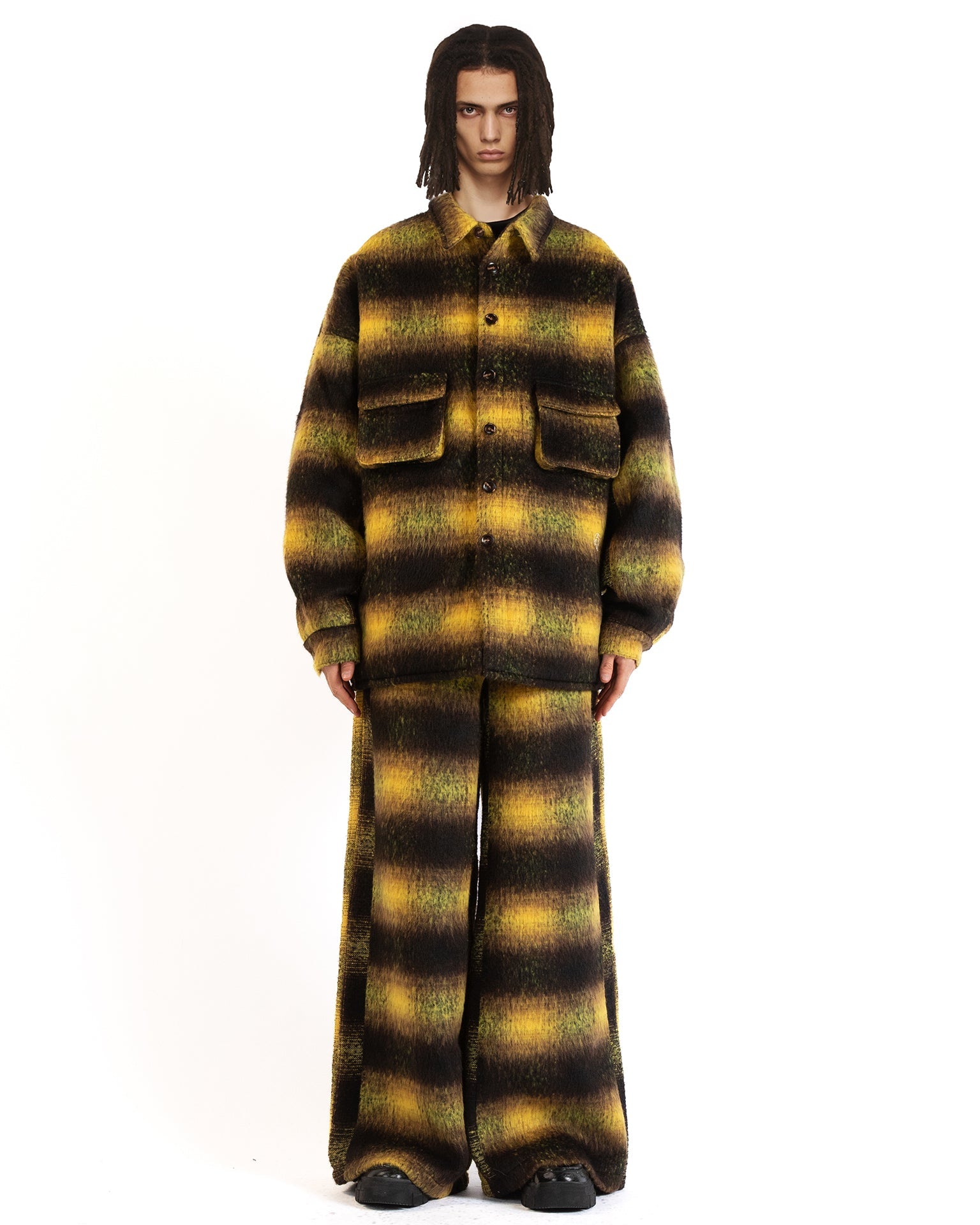 Front view of the green mohair check shirt highlighting its oversized plaid pattern