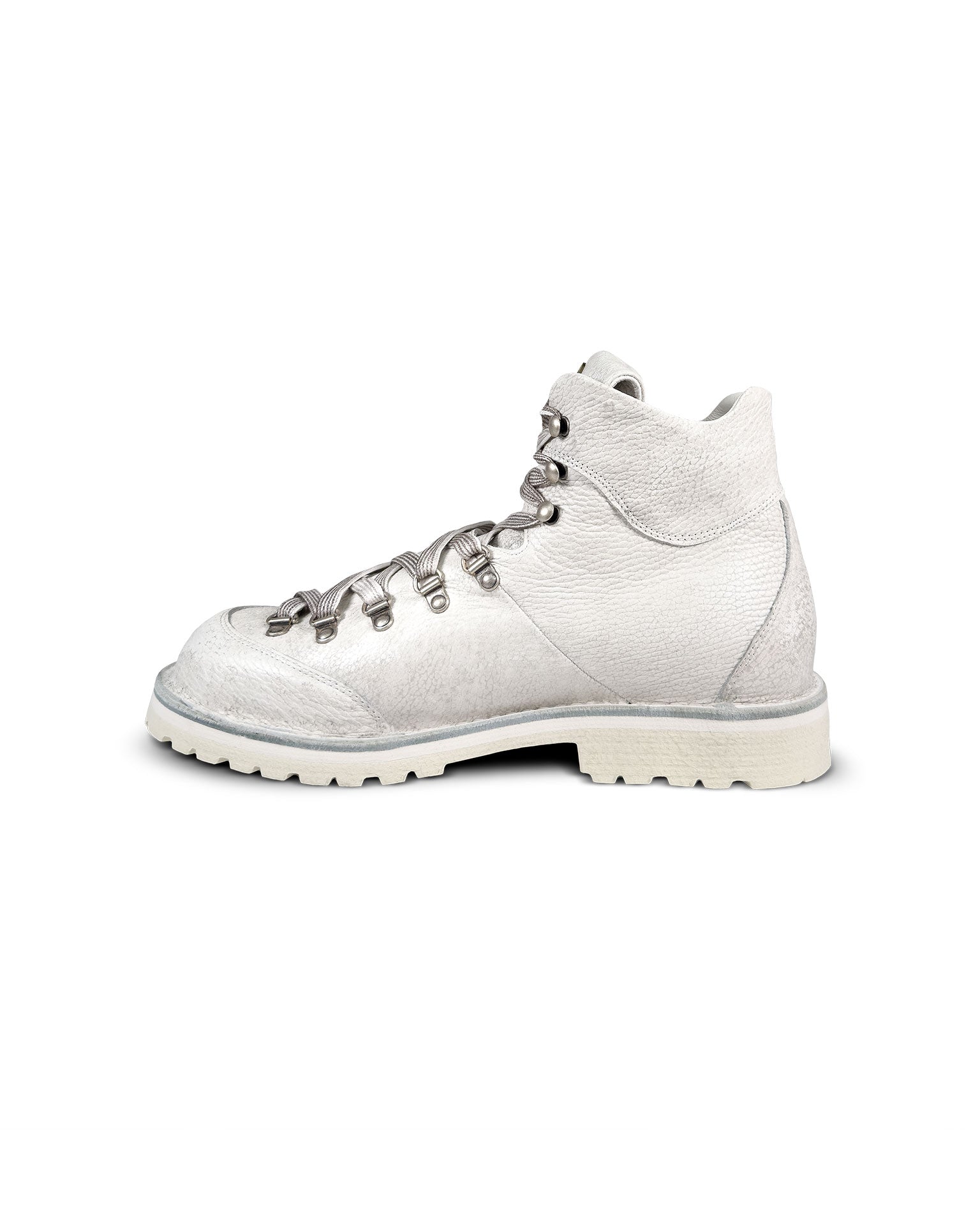 Close-up side 2 view of the Untitled Artworks x Fracap Destroyer Boot in White, showcasing the distinctive spray-effect finish and premium leather construction.