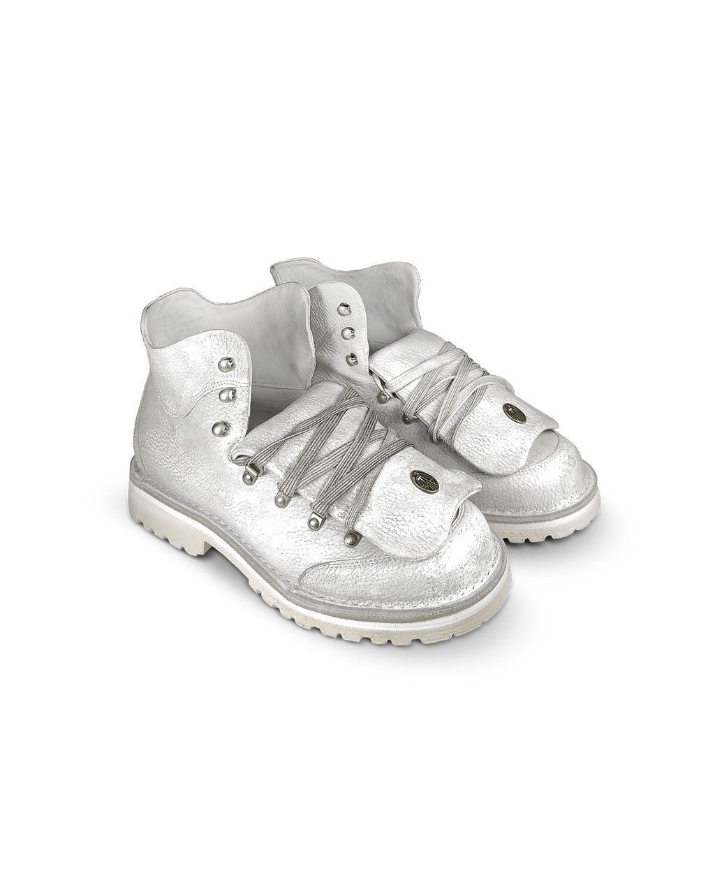 Close-up tongue view of the Untitled Artworks x Fracap Destroyer Boot in White, showcasing the distinctive spray-effect finish and premium leather construction.