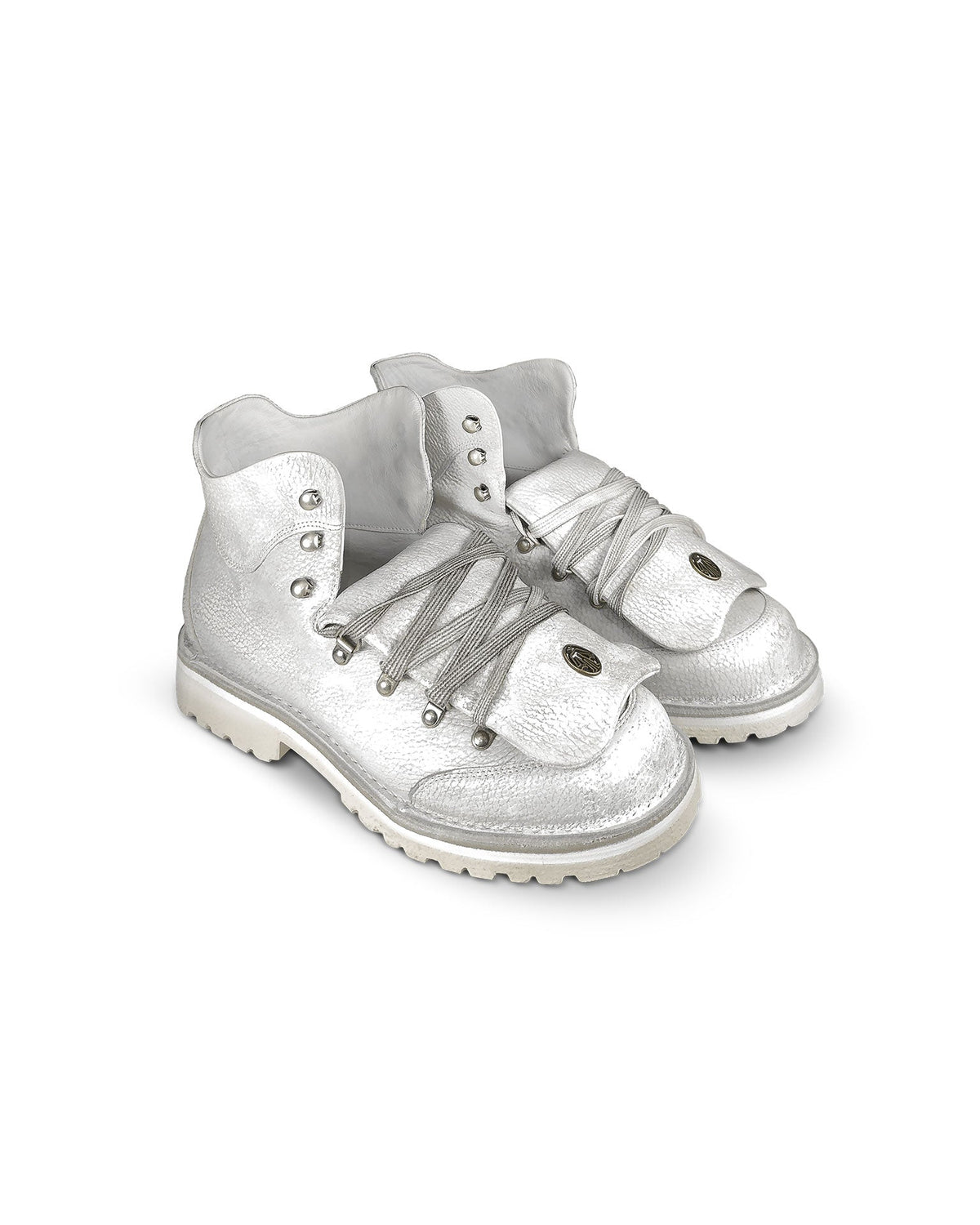 Close-up tongue view of the Untitled Artworks x Fracap Destroyer Boot in White, showcasing the distinctive spray-effect finish and premium leather construction.